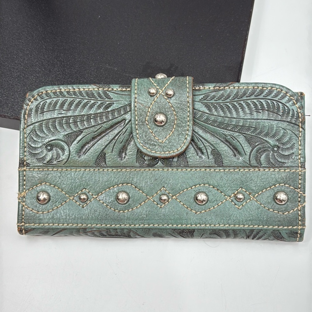 American West Turquoise Green and Silver Tone Hand-tooled TriFold Leather Wallet